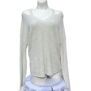 Rachel Zoe V-Neck Crochet Knit Sweater Size M Long Sleeve Cold-Shoulder Cream
